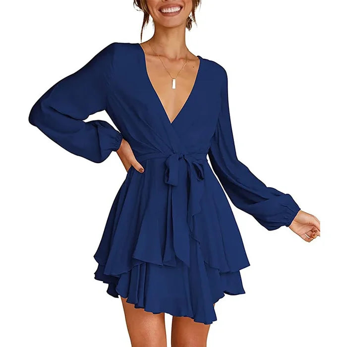 Cléo Women's Short Dress – Flared Dress with V-Neck, Belt & Long Sleeves