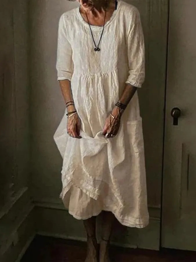 Félesca Maxi Dress for Women – Airy Blend of Cotton and Linen, Round Neck & Short Sleeves