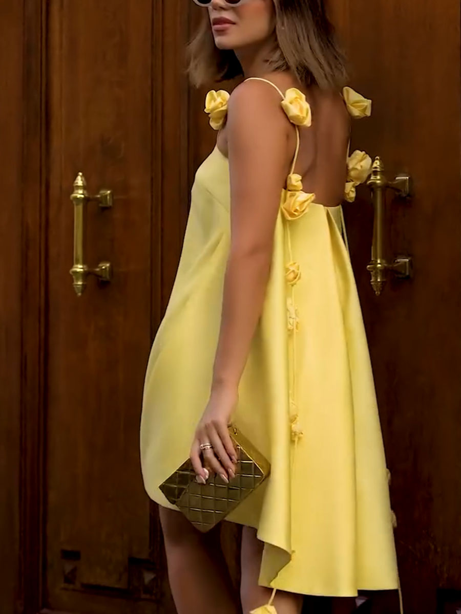 Genesis Summer Dress for Women – Yellow Cotton A-Line Dress with Floral Straps & Light Fit