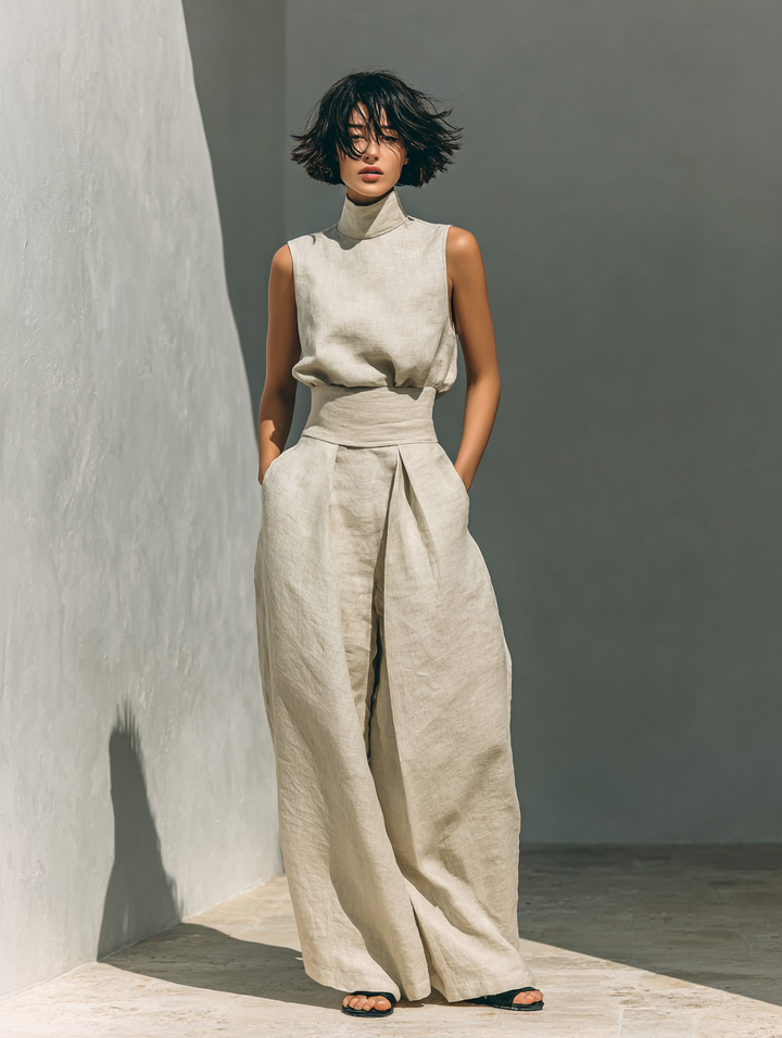 Selene | Minimalist Cotton and Linen Set with Wide Pants