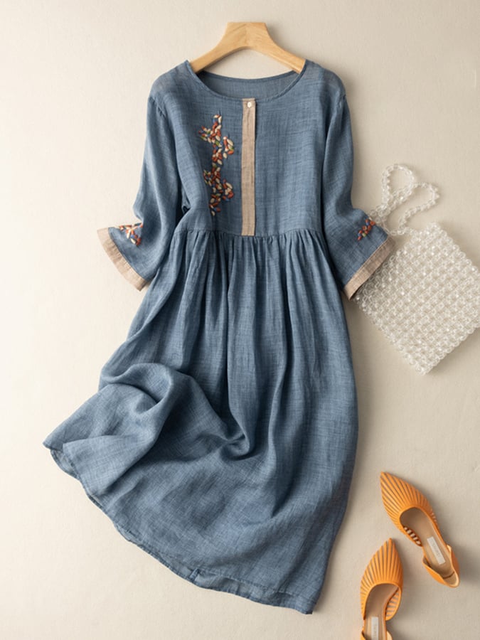 Zara Women's Dress – Embroidered Cotton and Linen Dress with Ethnic Design & Comfortable Fit