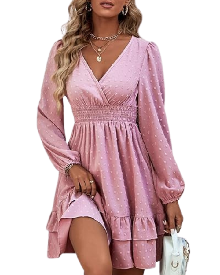 Rini Short Dress for Women – V-Neck, Puff Sleeves & Ruffles A-Line Boho Summer