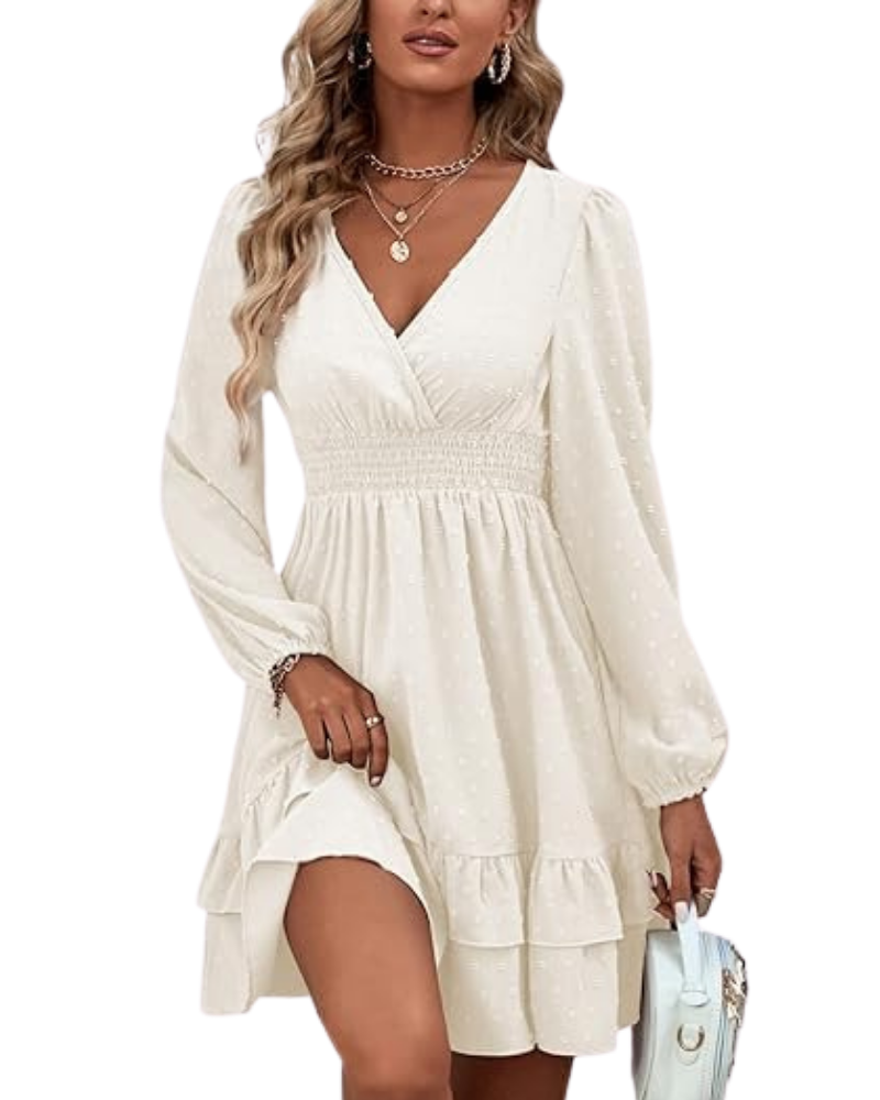 Rini Short Dress for Women – V-Neck, Puff Sleeves & Ruffles A-Line Boho Summer