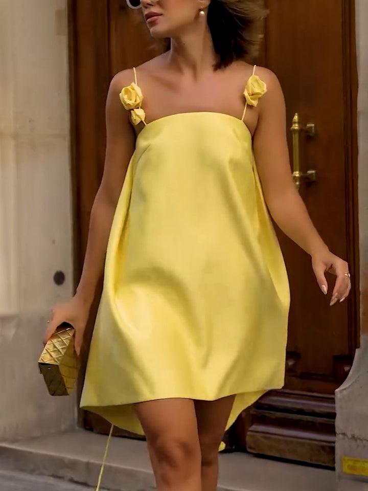 Genesis Summer Dress for Women – Yellow Cotton A-Line Dress with Floral Straps & Light Fit