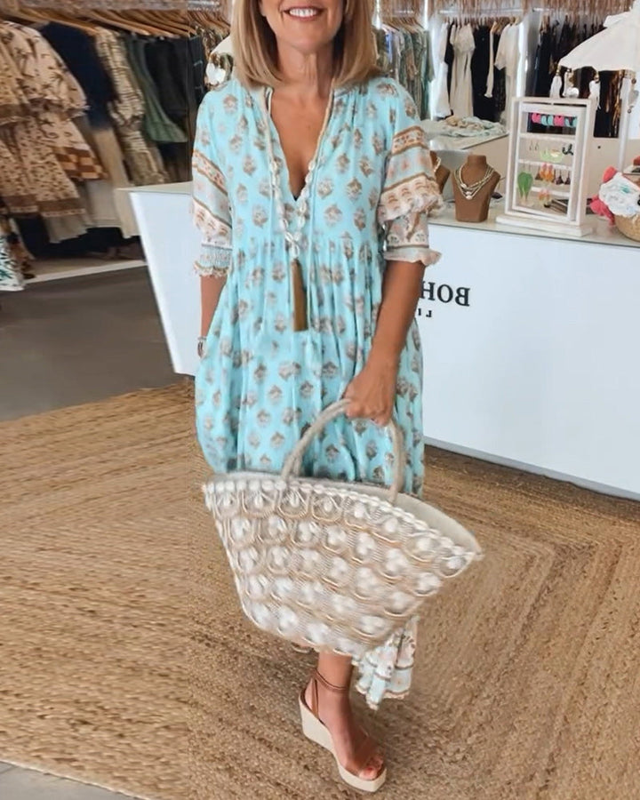 Tallulah Women's Dress – Printed V-Neck Dress with Three-Quarter Sleeves & Comfortable Fit