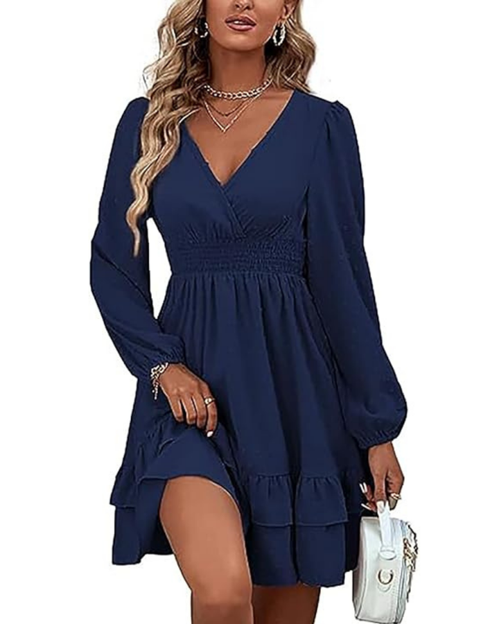 Rini Short Dress for Women – V-Neck, Puff Sleeves & Ruffles A-Line Boho Summer
