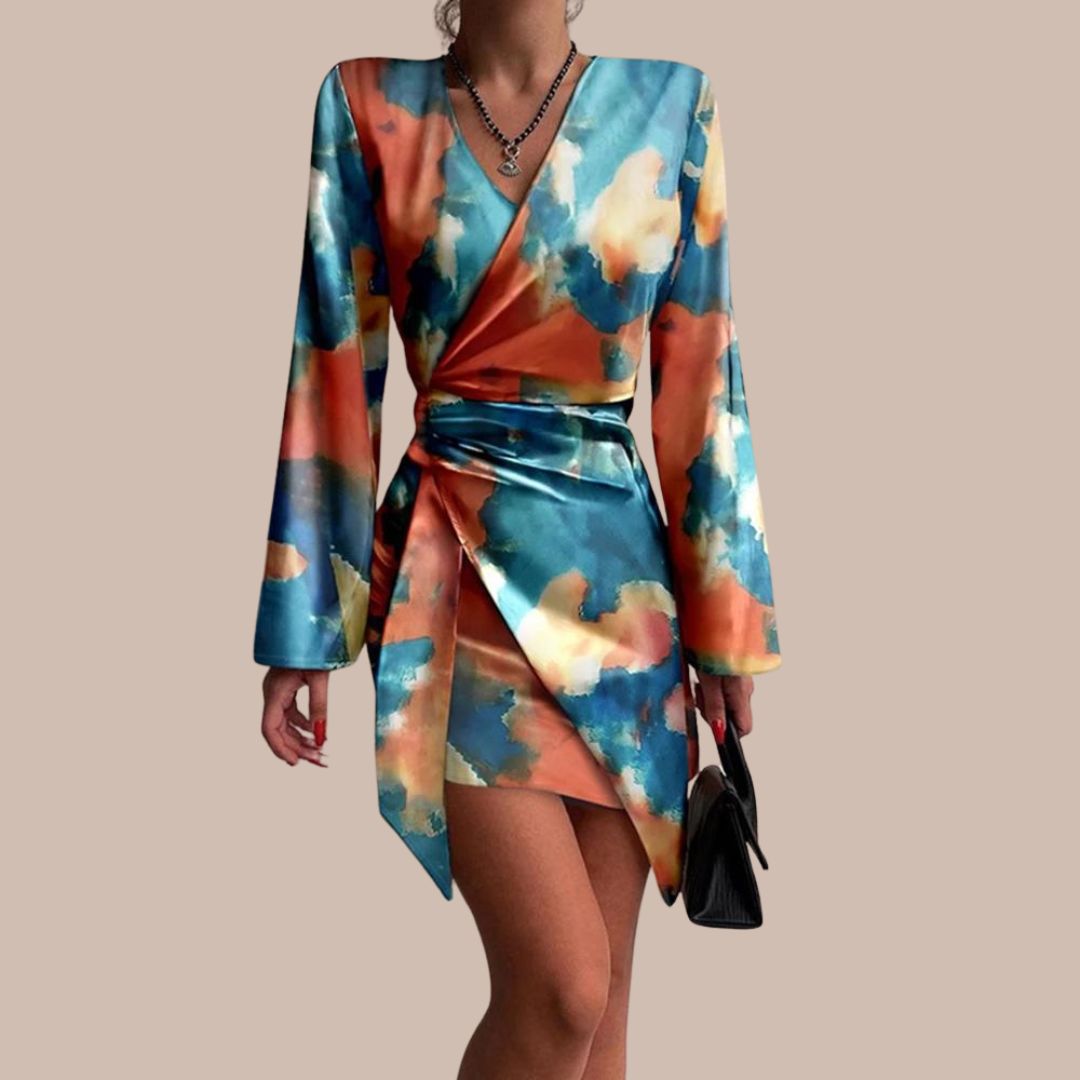 Jena Women's Wrap Dress – Text Print, V-Neck, Elegant Long Sleeves