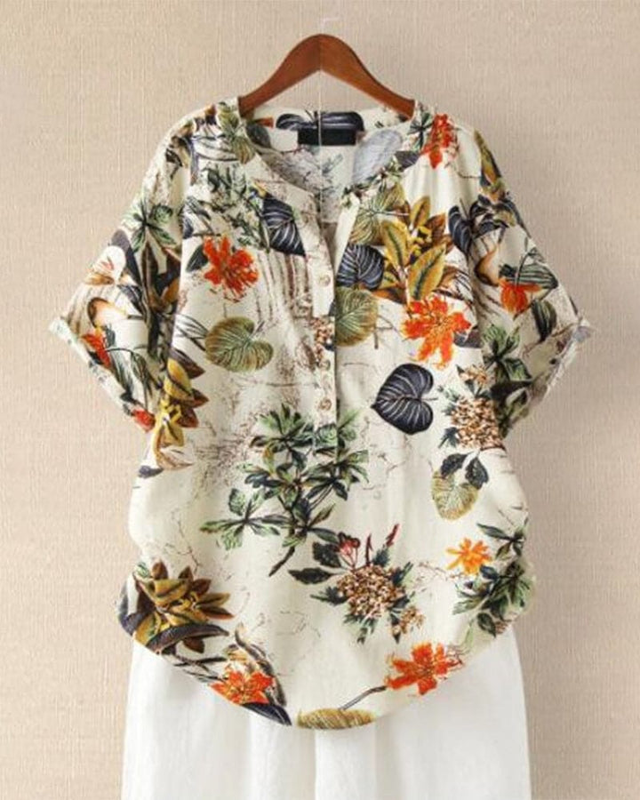 Women's Elisse T-Shirt – Casual Floral Print T-Shirt, Cotton-Linen Blend & Knotted Detail