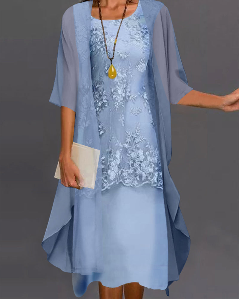 Rishta Women's Dress Set – Elegant Two-Piece Chiffon Dress with Lace, Patchwork & 3/4 Sleeves