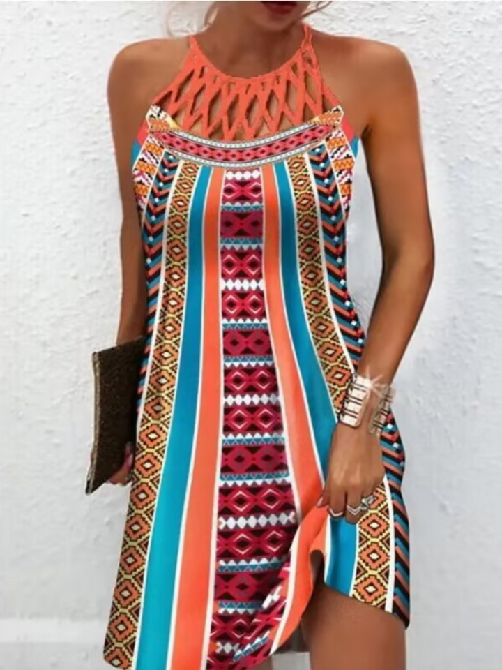 Emily Summer Dress for Women – Tropical Print Halter Dress with Flowing Cut for Beach & Brunch