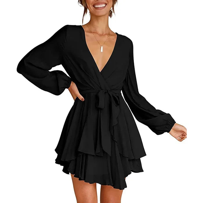 Cléo Women's Short Dress – Flared Dress with V-Neck, Belt & Long Sleeves