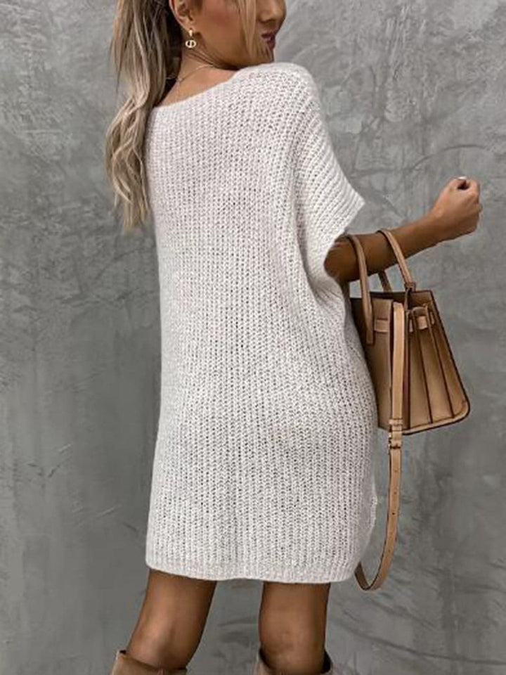 Francesca Knitted Dress for Women – Soft Knit with V-Neck, Relaxed Fit, Short Sleeves, and Front Pockets