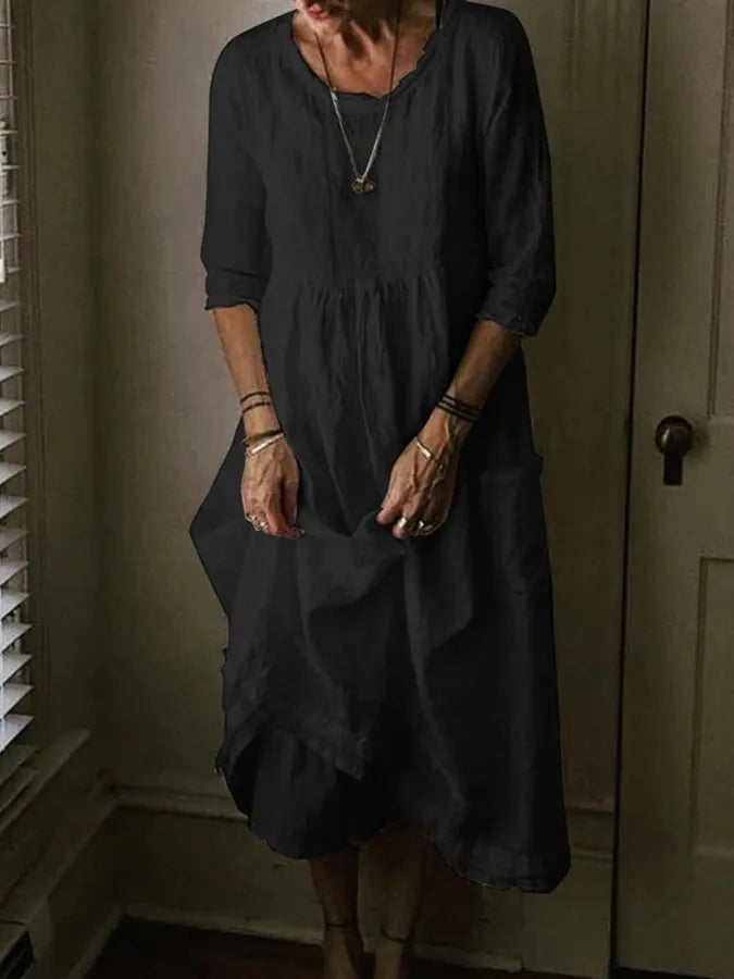 Félesca Maxi Dress for Women – Airy Blend of Cotton and Linen, Round Neck & Short Sleeves