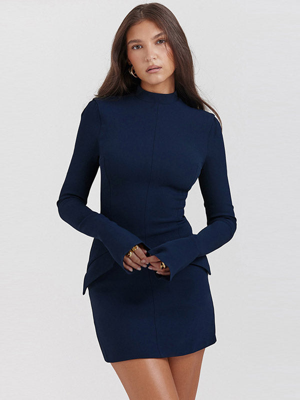 Lisa Short Dress for Women – Fitted Cut, Flared Long Sleeves & Chic High Collar