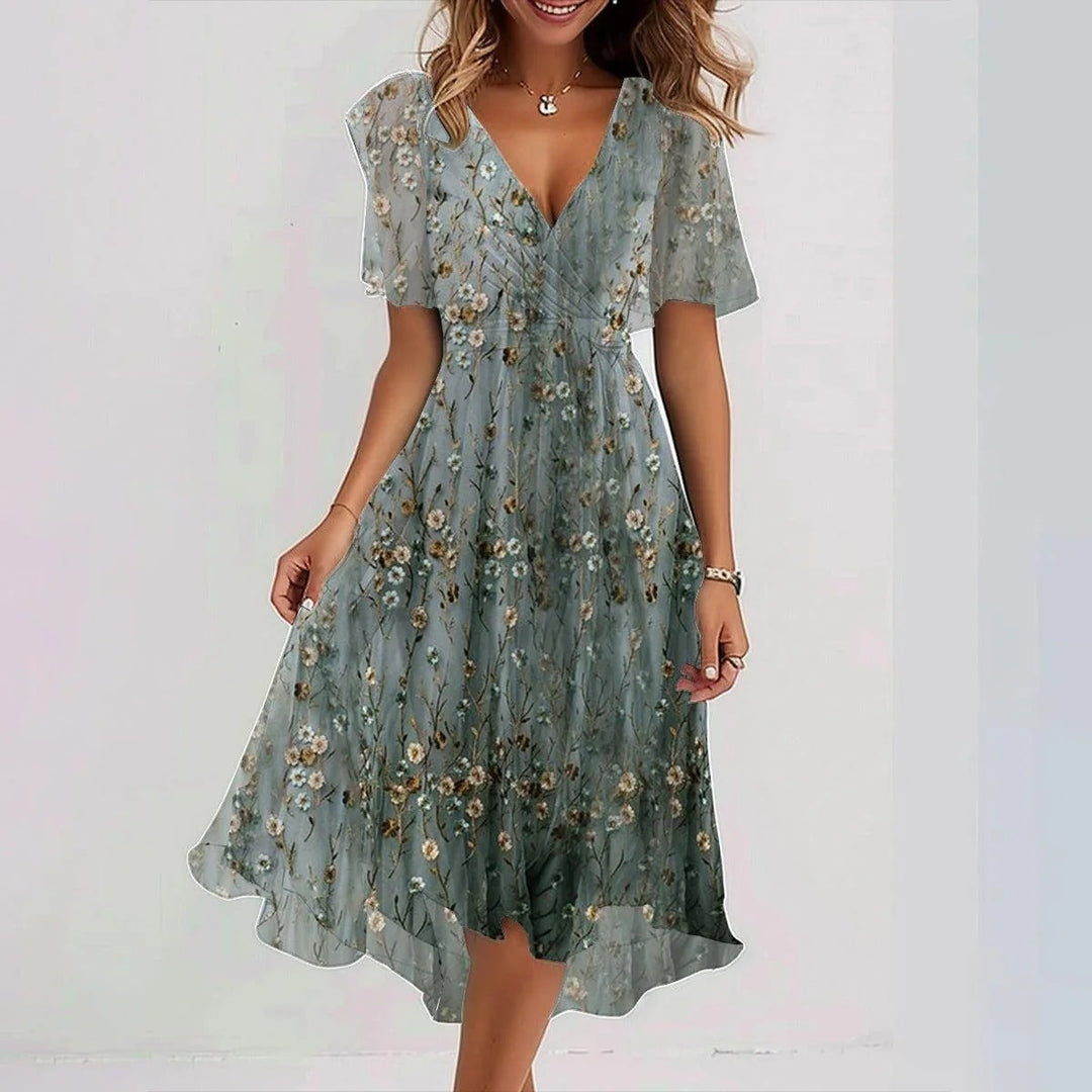 Emily Midi Dress for Women – Lightweight Chiffon Dress with Floral Print, V-Neck & Fitted Waist