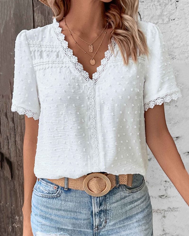 Sophie Women's Cotton Blouse – Vintage Blouse with Lace & Elegant Puff Sleeves