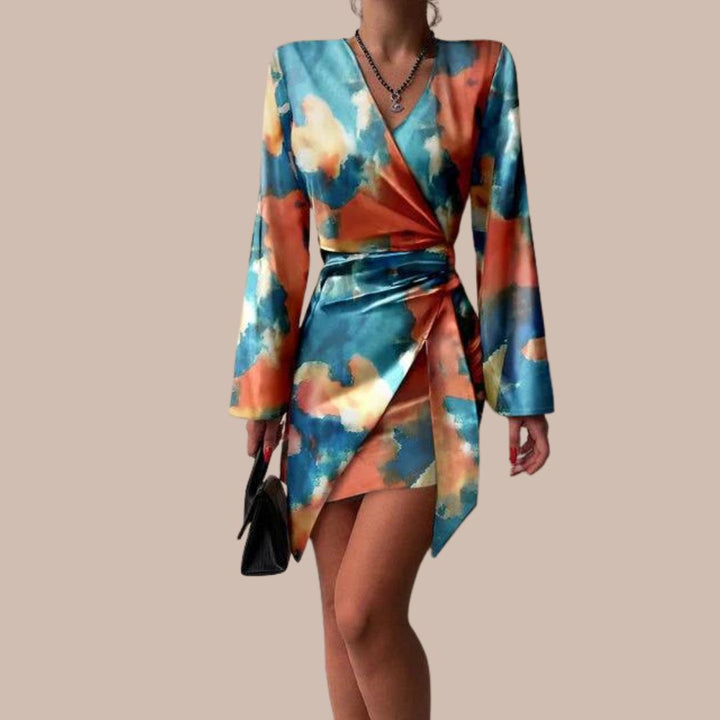 Jena Women's Wrap Dress – Text Print, V-Neck, Elegant Long Sleeves