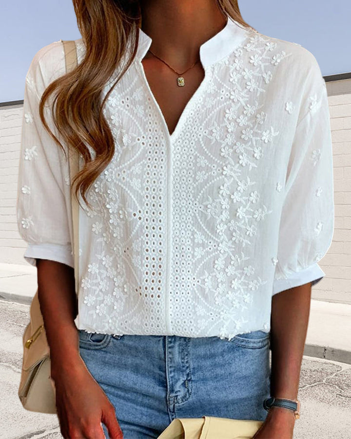 Amélie Women's Blouse – V-Neck Top with Puff Sleeves, Mixed Cotton & Patchwork Details