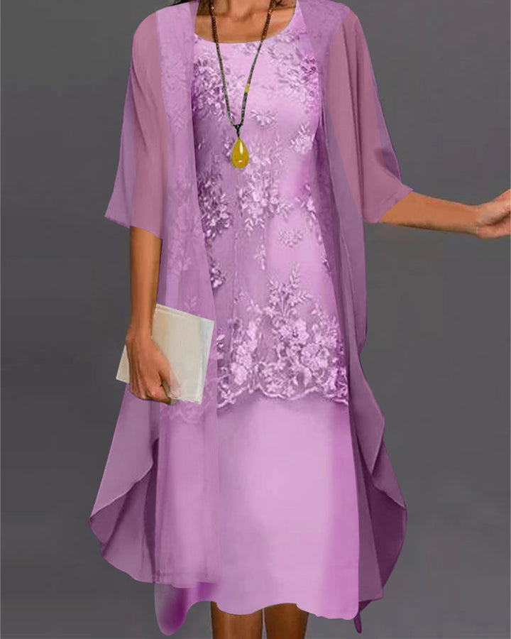 Rishta Women's Dress Set – Elegant Two-Piece Chiffon Dress with Lace, Patchwork & 3/4 Sleeves