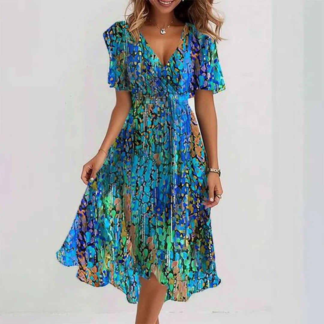 Emily Midi Dress for Women – Lightweight Chiffon Dress with Floral Print, V-Neck & Fitted Waist