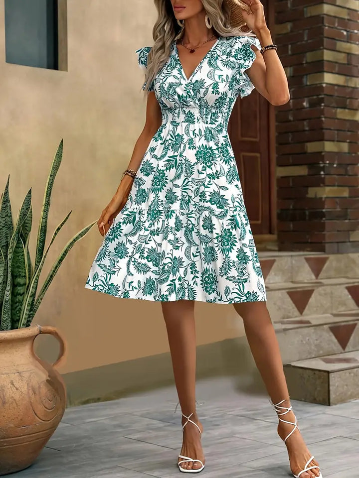 Lauren Women's Summer Dress – Elegant V-Neck Dress with Ruffles & Gathered Waist for Vacations