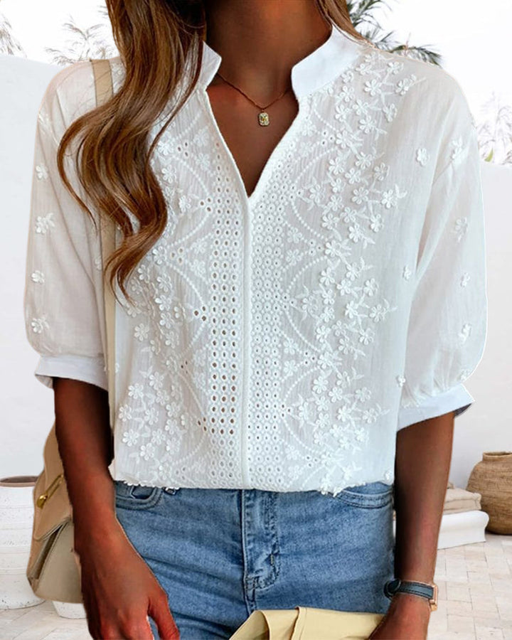 Amélie Women's Blouse – V-Neck Top with Puff Sleeves, Mixed Cotton & Patchwork Details