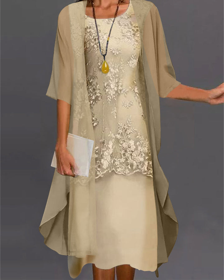 Rishta Women's Dress Set – Elegant Two-Piece Chiffon Dress with Lace, Patchwork & 3/4 Sleeves