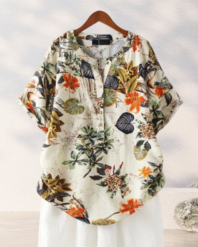 Women's Elisse T-Shirt – Casual Floral Print T-Shirt, Cotton-Linen Blend & Knotted Detail