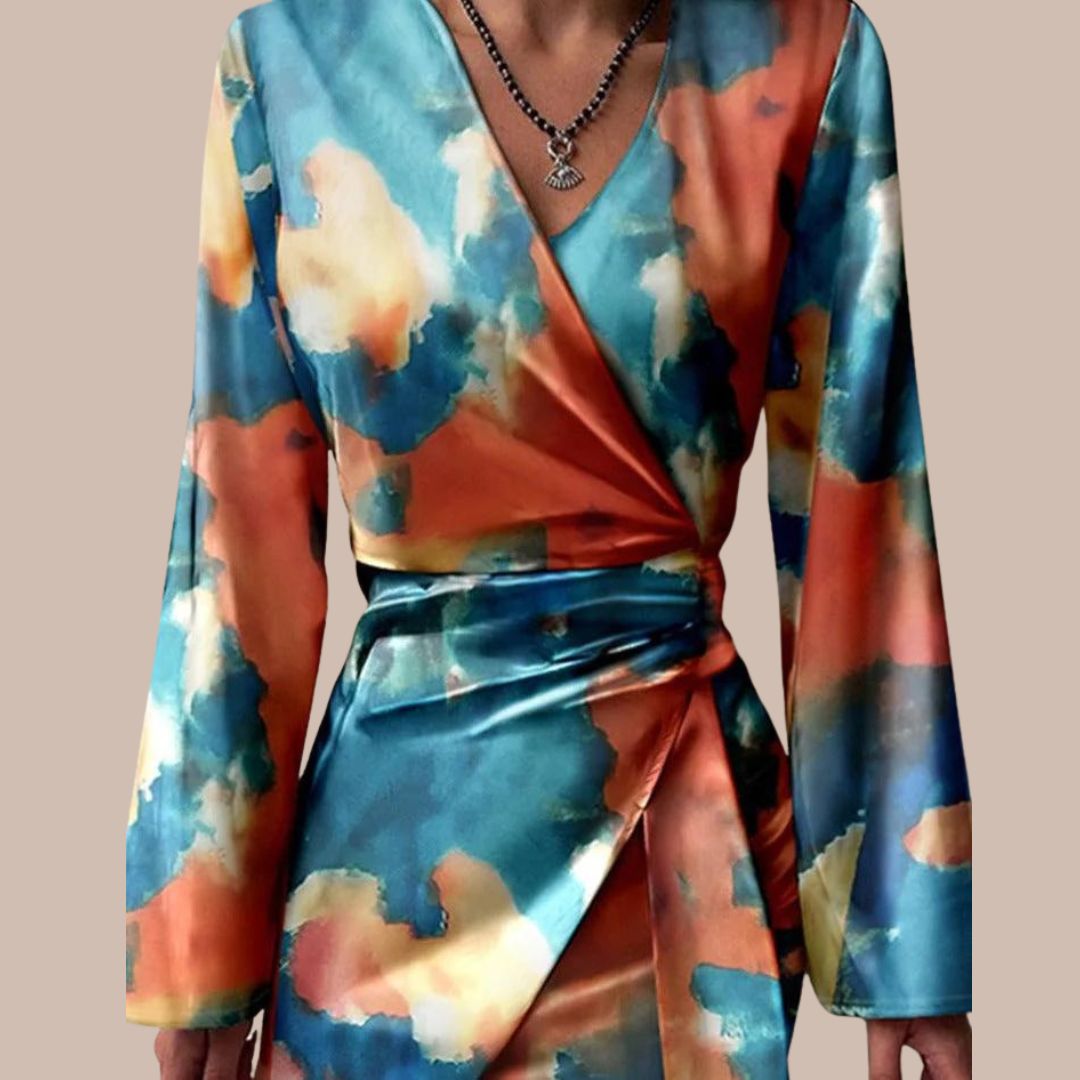 Jena Women's Wrap Dress – Text Print, V-Neck, Elegant Long Sleeves