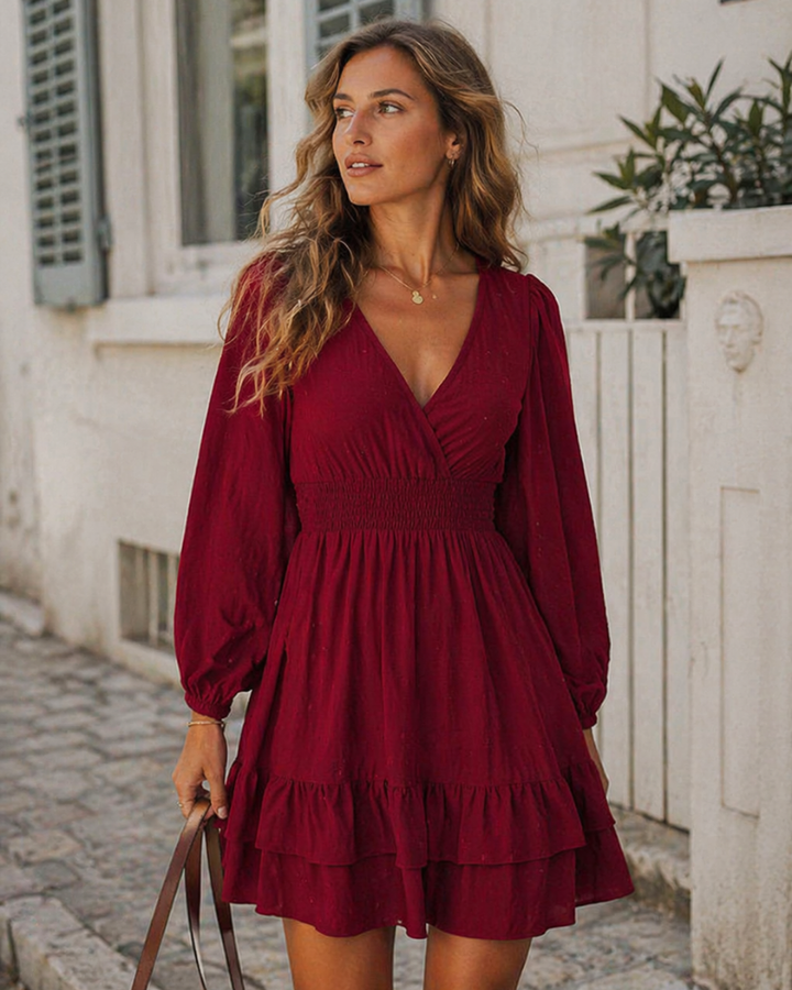 Rini Short Dress for Women – V-Neck, Puff Sleeves & Ruffles A-Line Boho Summer