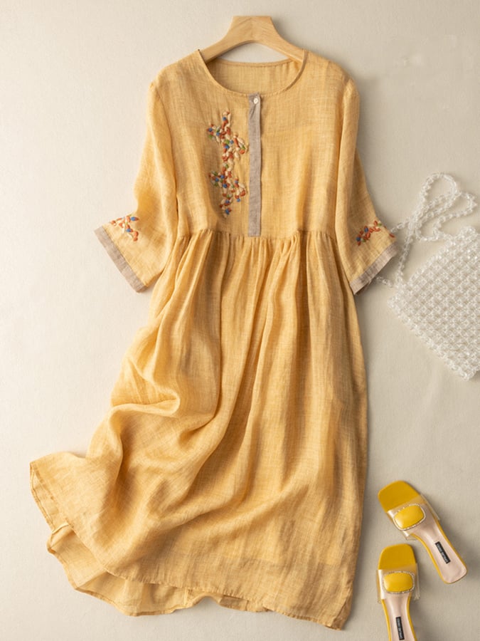 Zara Women's Dress – Embroidered Cotton and Linen Dress with Ethnic Design & Comfortable Fit
