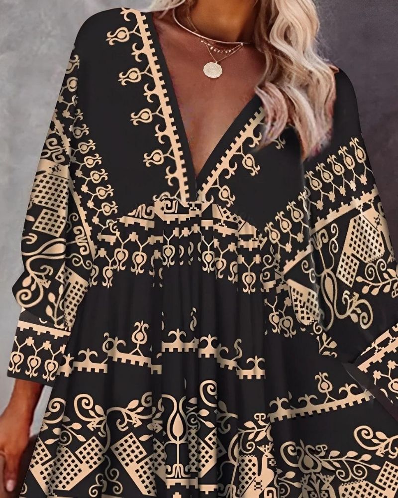 Ava Women's Summer Dress – Lightweight Mini Dress with V-Neck, 3/4 Sleeves & Bohemian Printed Detail