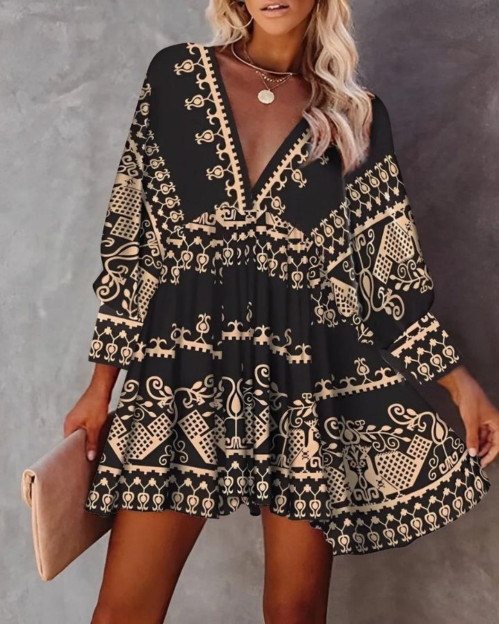 Ava Women's Summer Dress – Lightweight Mini Dress with V-Neck, 3/4 Sleeves & Bohemian Printed Detail
