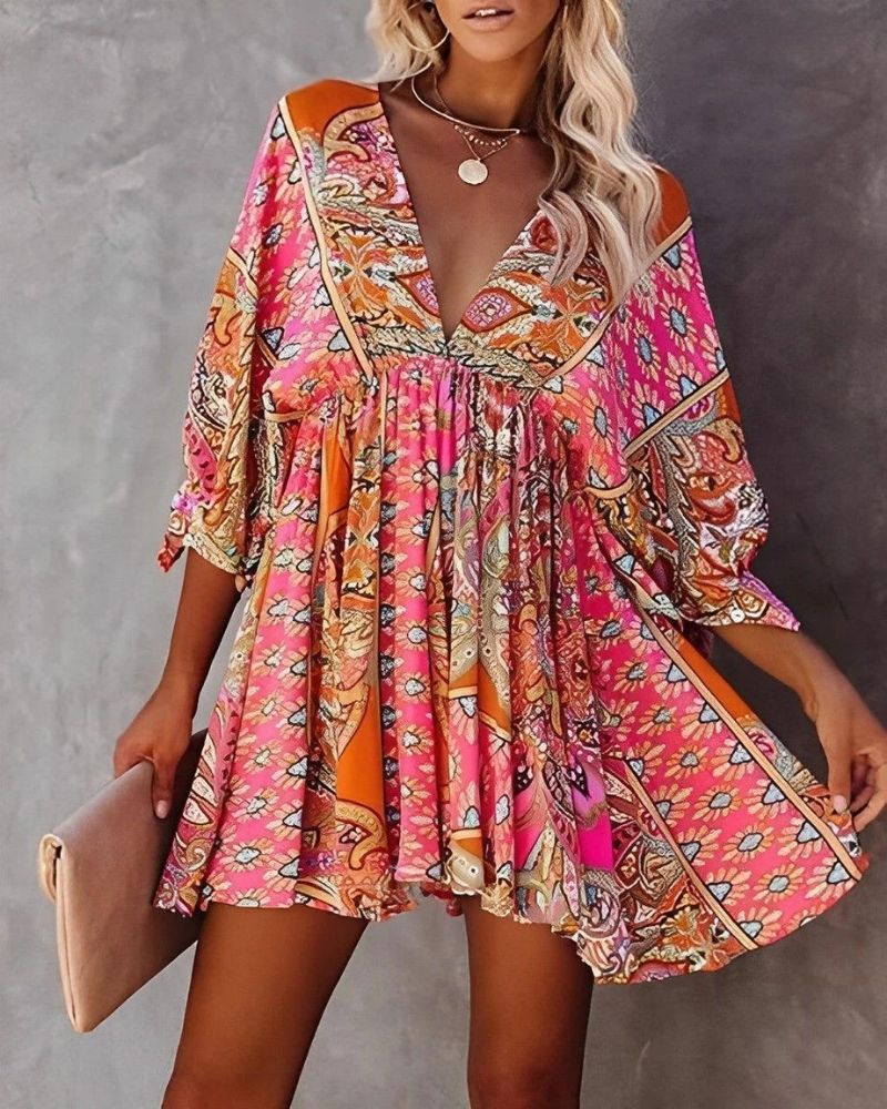 Ava Women's Summer Dress – Lightweight Mini Dress with V-Neck, 3/4 Sleeves & Bohemian Printed Detail