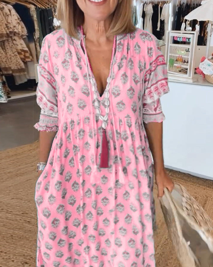 Tallulah Women's Dress – Printed V-Neck Dress with Three-Quarter Sleeves & Comfortable Fit