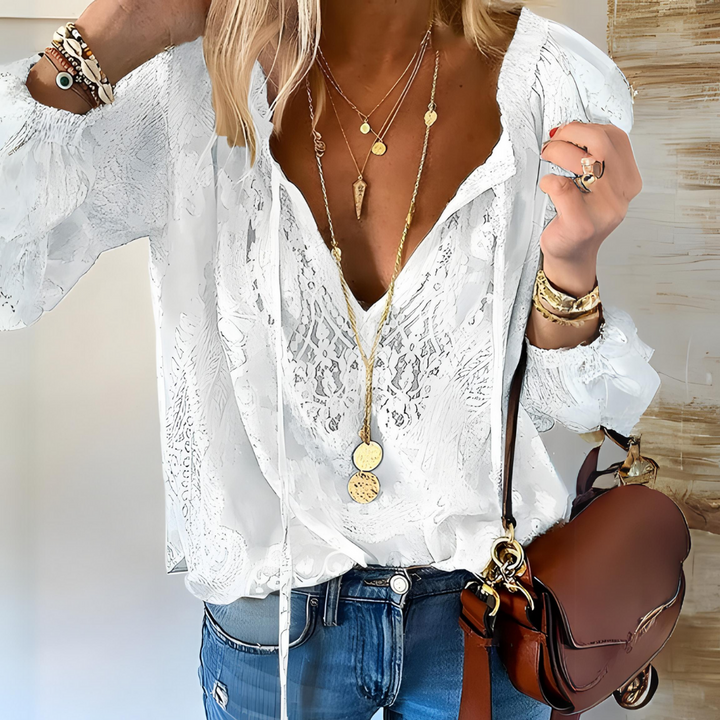 Vivien Women's Blouse – Elegant Lace Blouse with Bow & Transparent Details