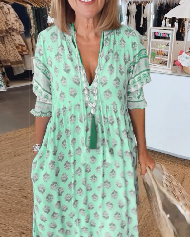 Tallulah Women's Dress – Printed V-Neck Dress with Three-Quarter Sleeves & Comfortable Fit