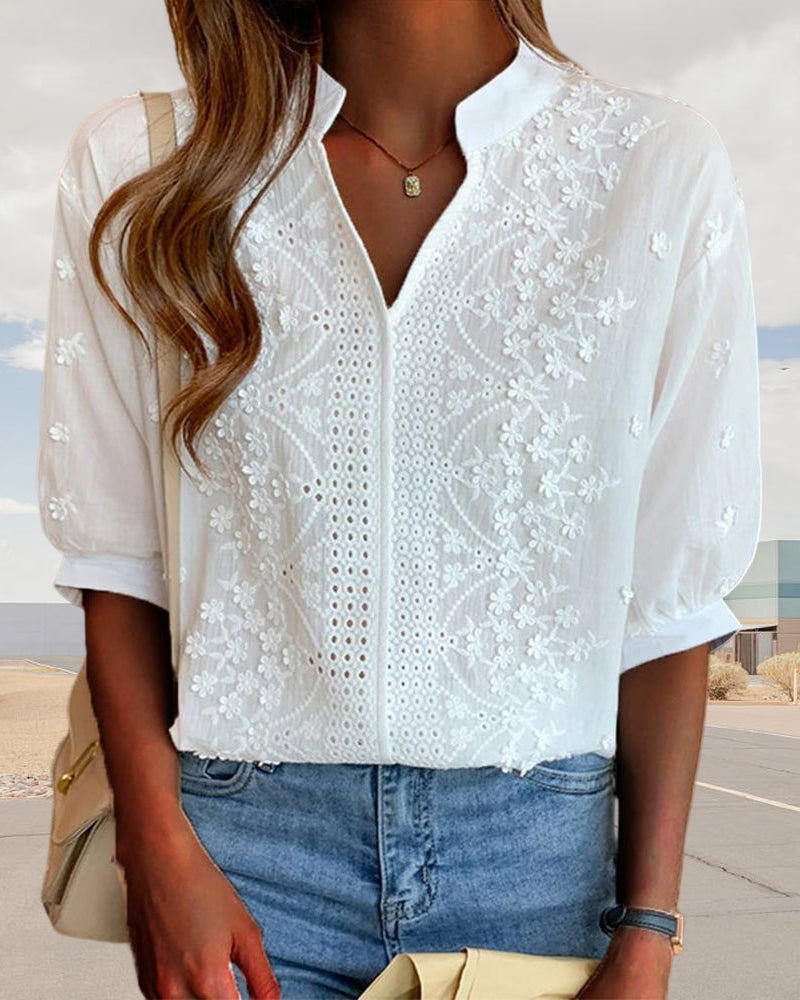 Amélie Women's Blouse – V-Neck Top with Puff Sleeves, Cotton Blend & Patchwork Details