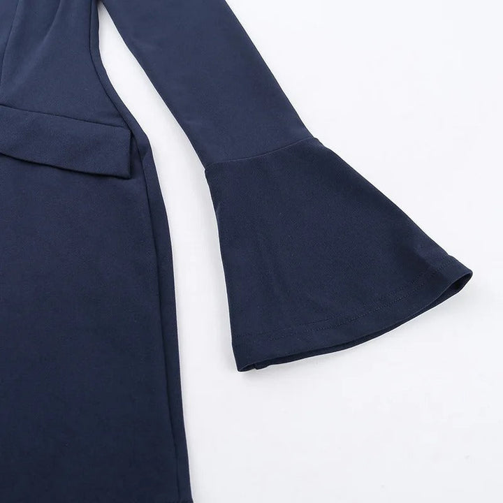 Lisa Short Dress for Women – Fitted Cut, Flared Long Sleeves & Chic High Collar