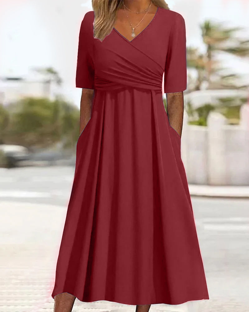 Marley Midi Dress for Women – Cotton A-Line Dress with V-Neck, Pleats, and Pockets for All Occasions