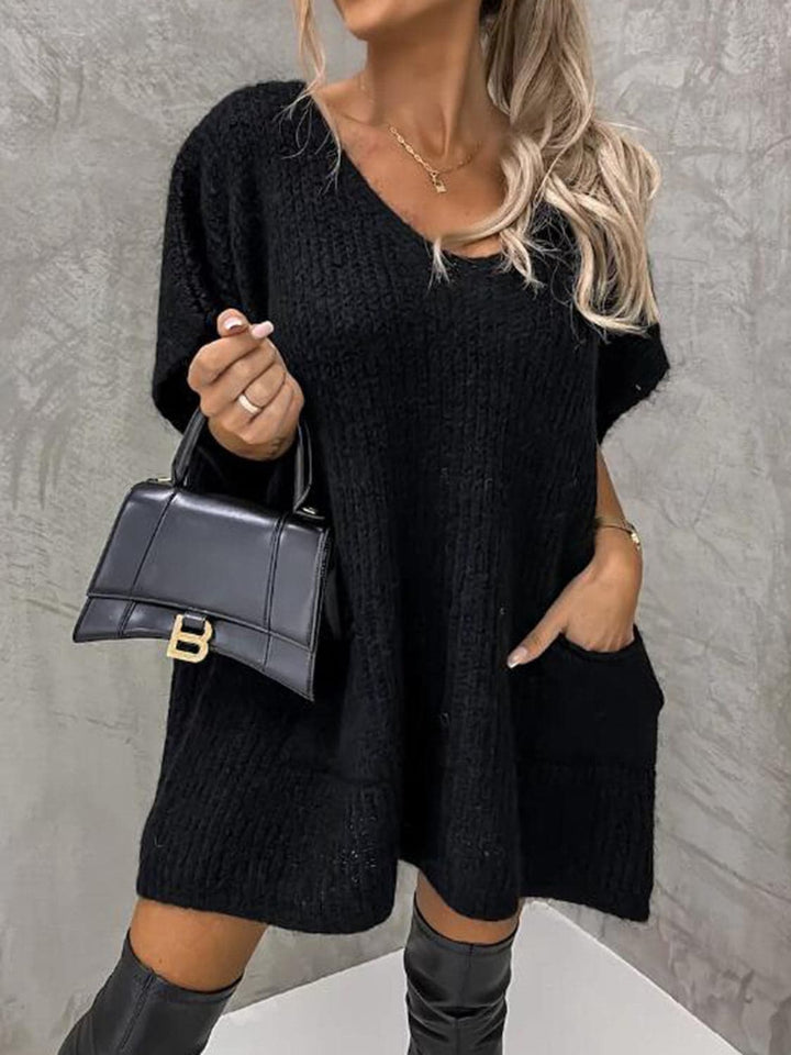 Francesca Knitted Dress for Women – Soft Knit with V-Neck, Relaxed Fit, Short Sleeves, and Front Pockets