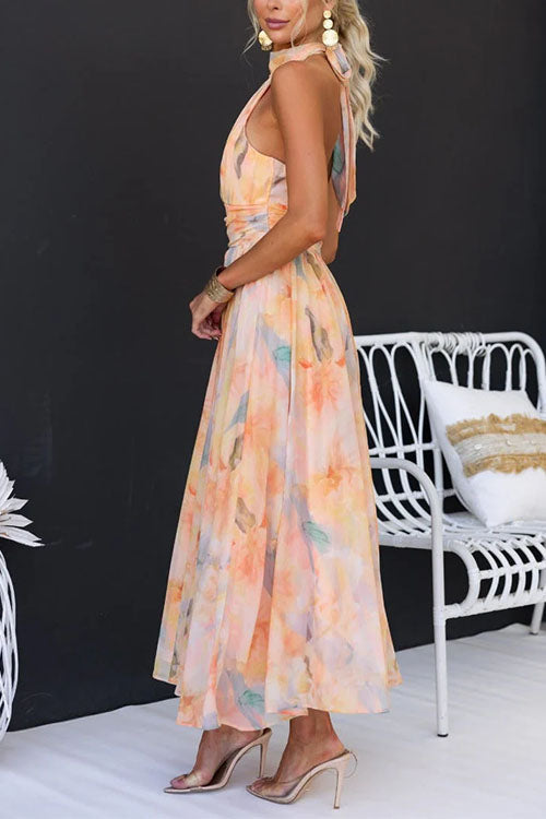 Lotte™ - Long Dress with Watercolor Print and Halter Neck