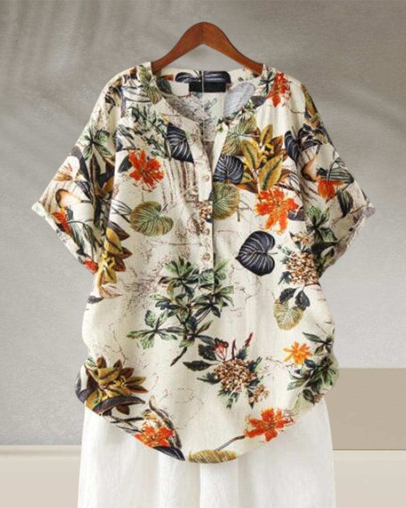 Women's Elisse T-Shirt – Casual Floral Print T-Shirt, Cotton-Linen Blend & Knotted Detail