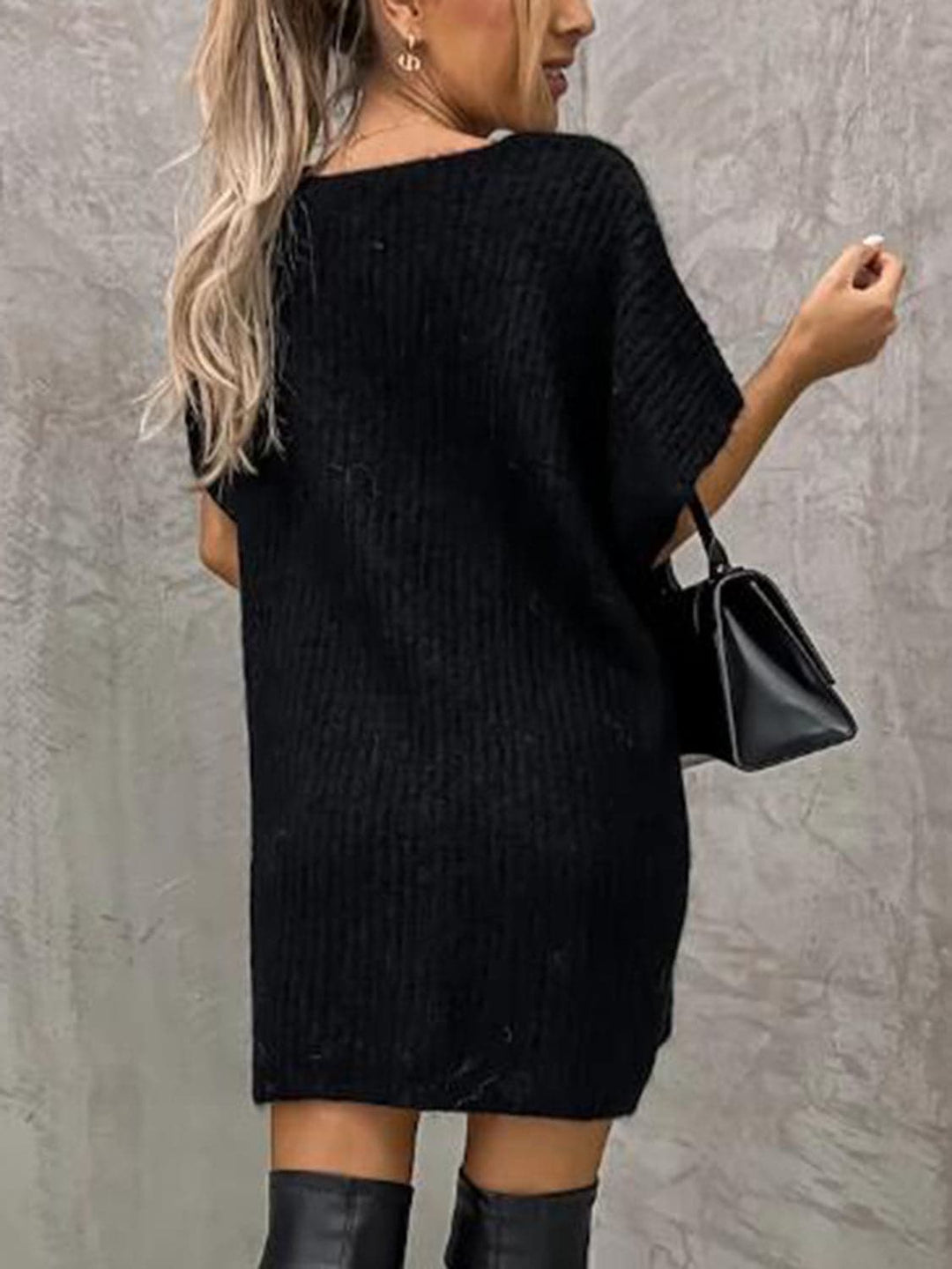 Francesca Knitted Dress for Women – Soft Knit with V-Neck, Relaxed Fit, Short Sleeves, and Front Pockets