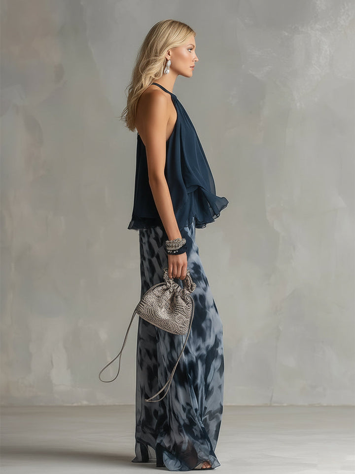 Ludovica - elegant chiffon set with high-neck top and printed wide-leg pants