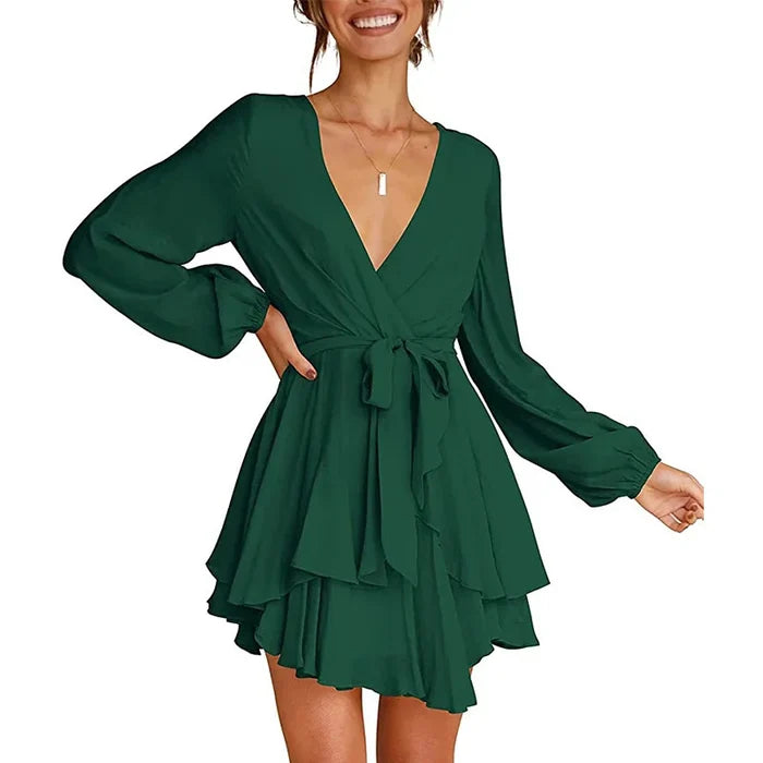 Cléo Women's Short Dress – Flared Dress with V-Neck, Belt & Long Sleeves