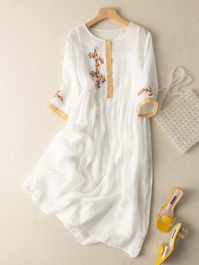 Zara Women's Dress – Embroidered Cotton and Linen Dress with Ethnic Design & Comfortable Fit