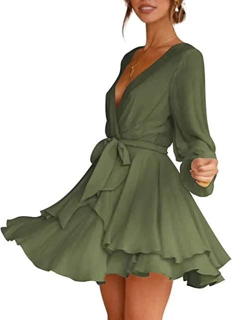 Cléo Women's Short Dress – Flared Dress with V-Neck, Belt & Long Sleeves