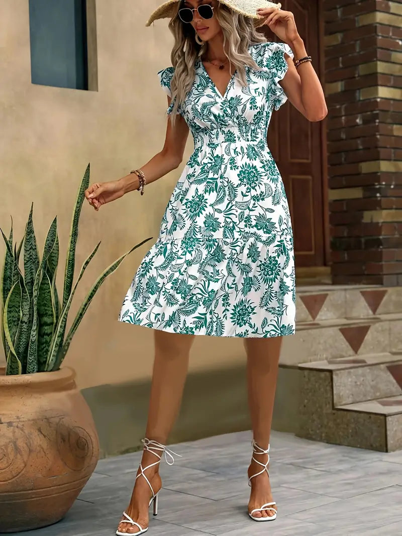 Lauren Women's Summer Dress – Elegant V-Neck Dress with Ruffles & Gathered Waist for Vacations