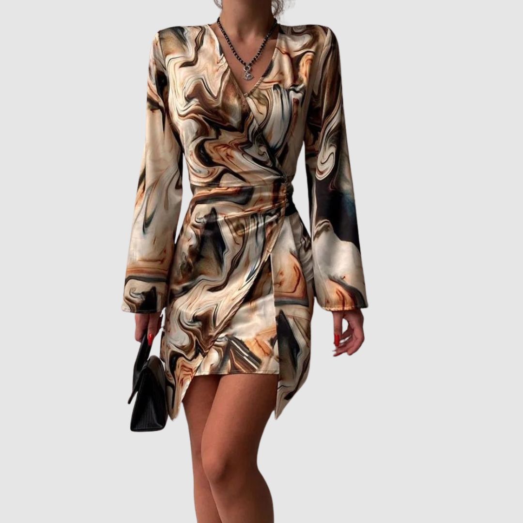 Jena Women's Wrap Dress – Text Print, V-Neck, Elegant Long Sleeves